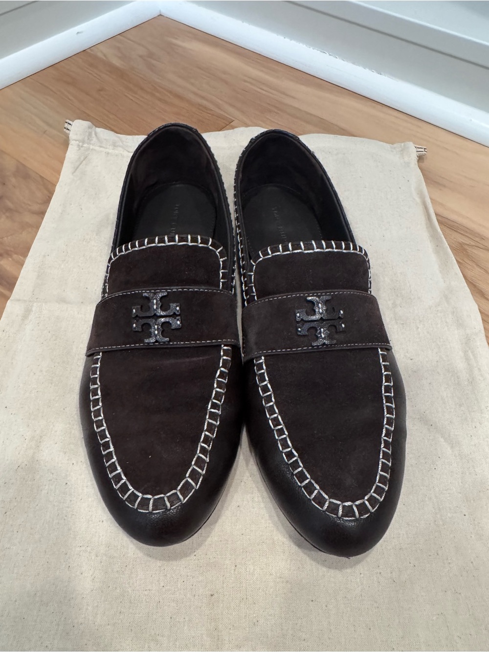 Tory Burch Dark Brown Suede Men’s Logo Penny Loafers